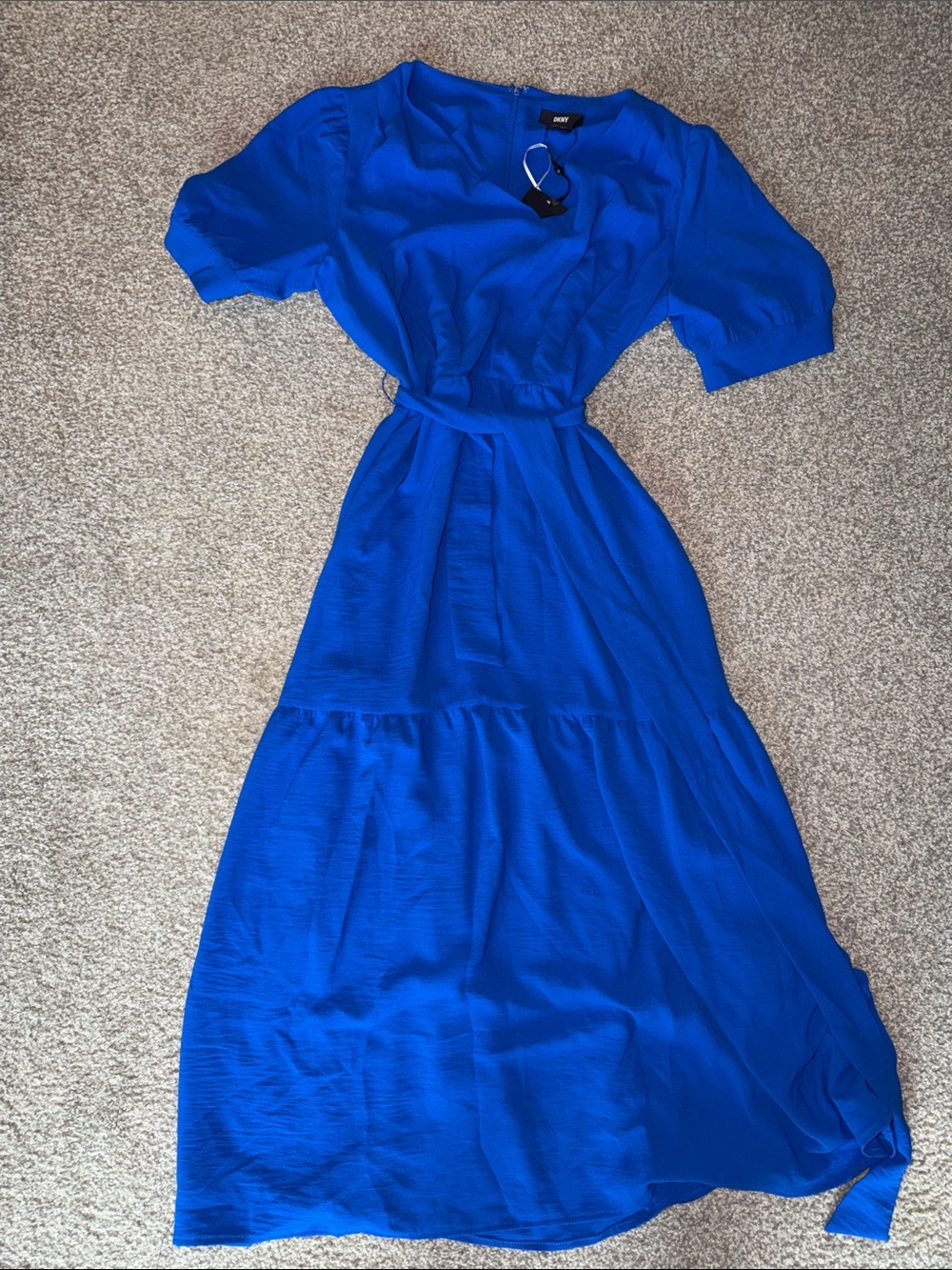 DKNY Blue Midi Dress with Tie Waist -slight stretch 14
